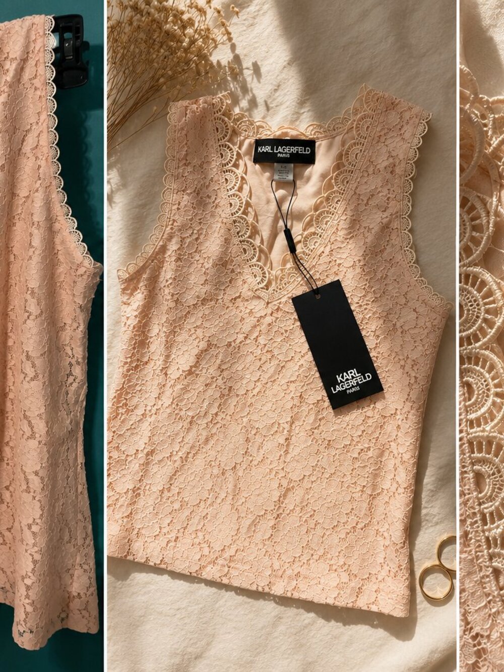 Karl Lagerfeld Paris Blush Floral Lace Sleeveless Top – Size L – NWT